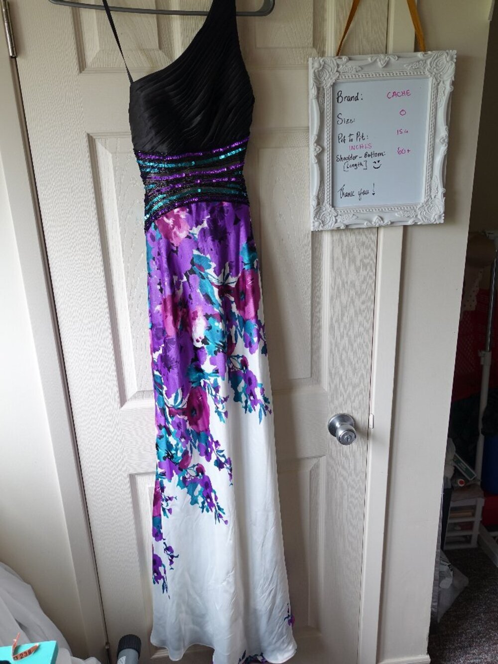 Cache Black Ruched Bodice with Purple Floral Maxi Prom Dress